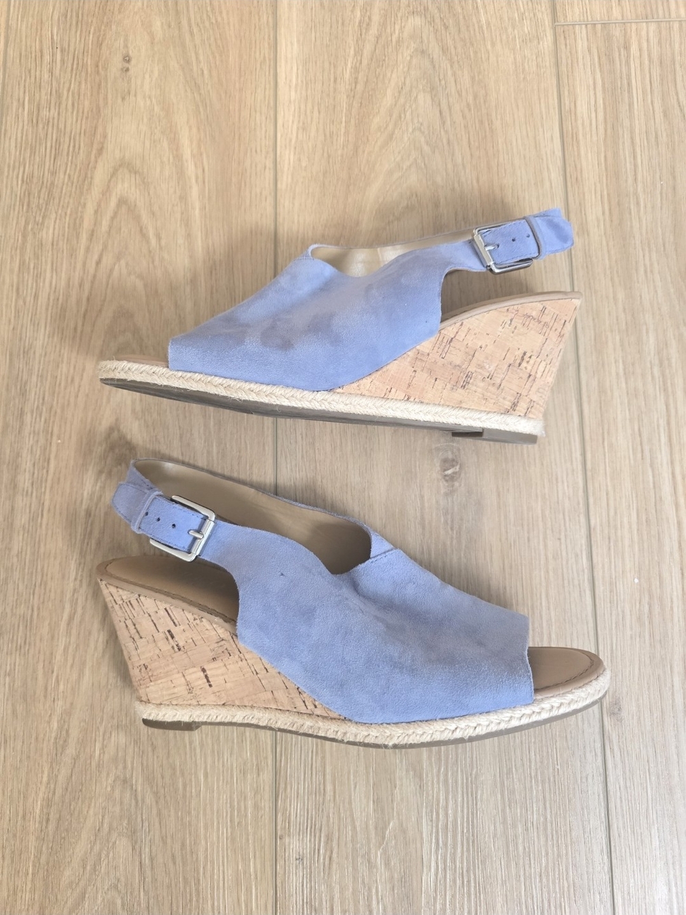 Franco Sarto Julien Light Blue Suede Cork Wedge Sandals 9.5